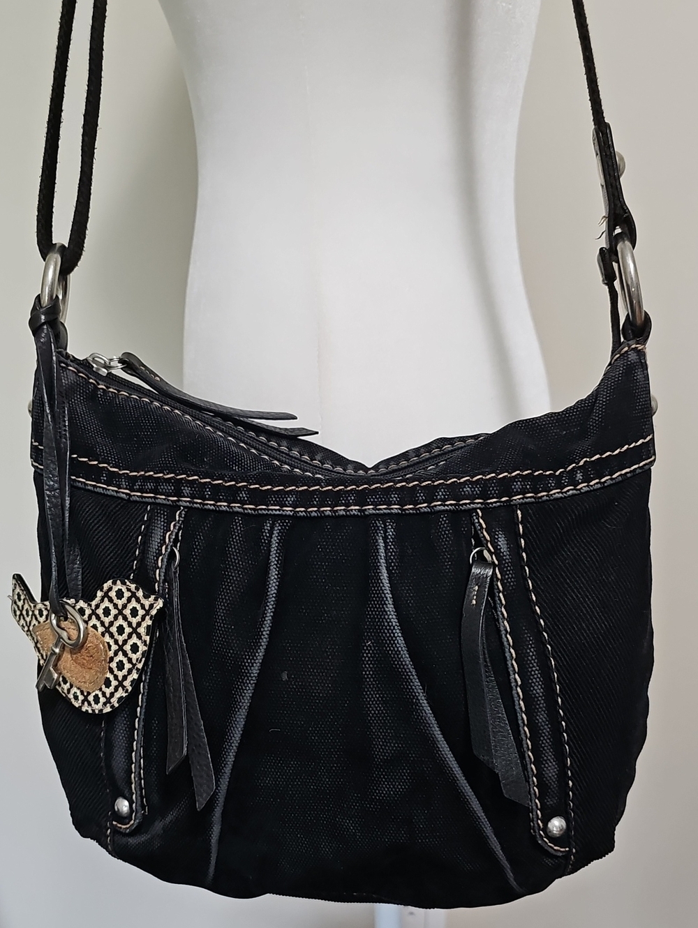 Vintage Y2K Fossil Black Denim Hobo Bag with Signature Bird Key Charm